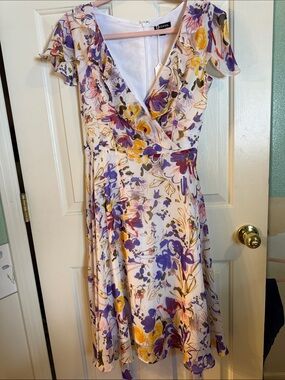 George Cream Wrap Midi Dress with Purple & Yellow Floral Print